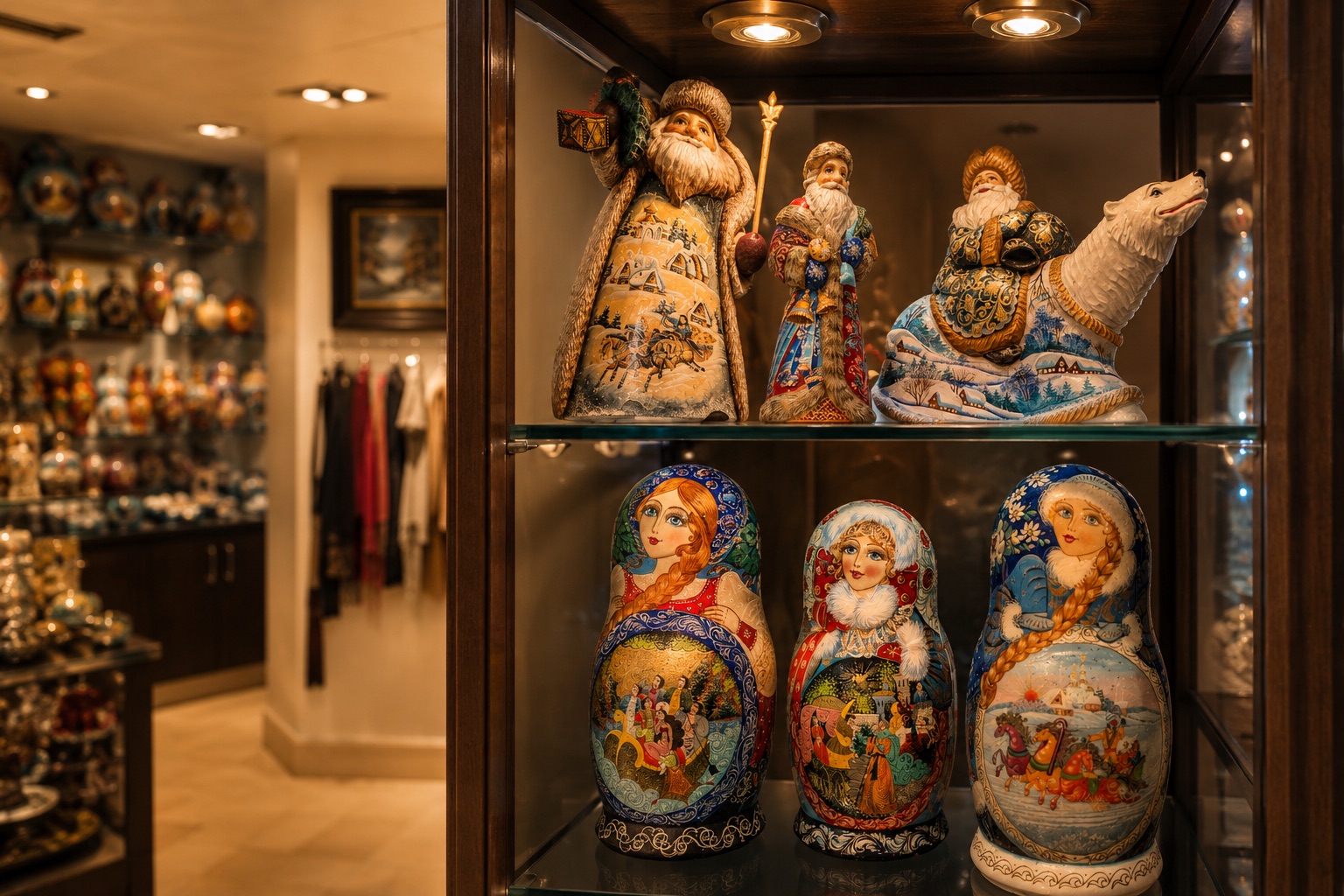Collector matryoshka dolls and carved figures in a lit display case