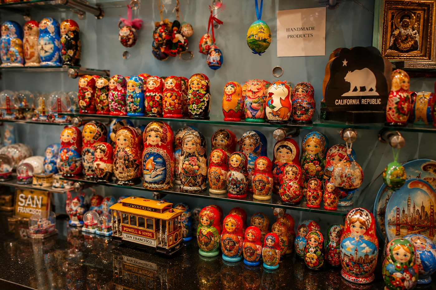 Shelves packed with hand-painted matryoshka dolls and colorful souvenirs