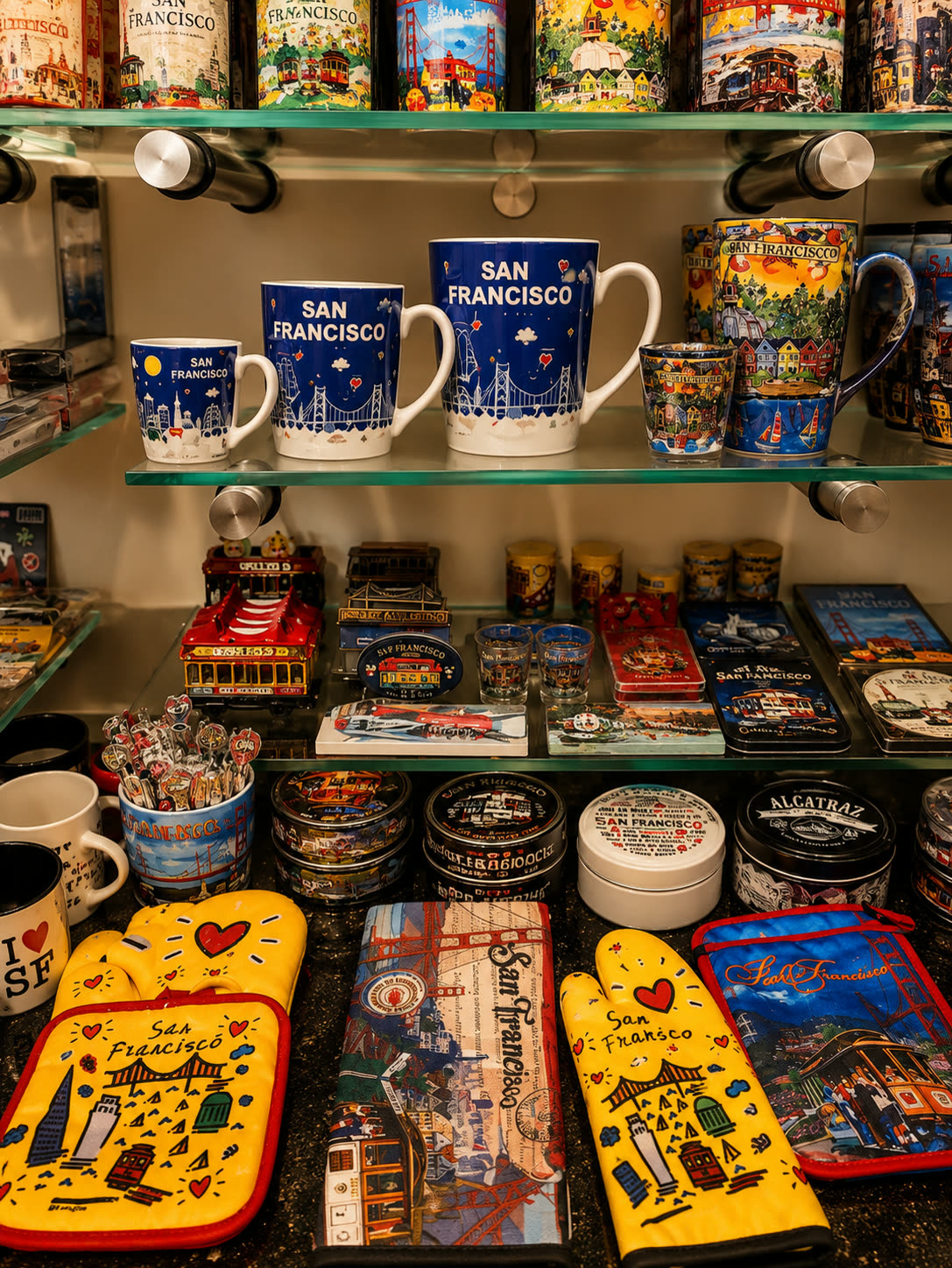 San Francisco mugs and drinkware on glass shelves