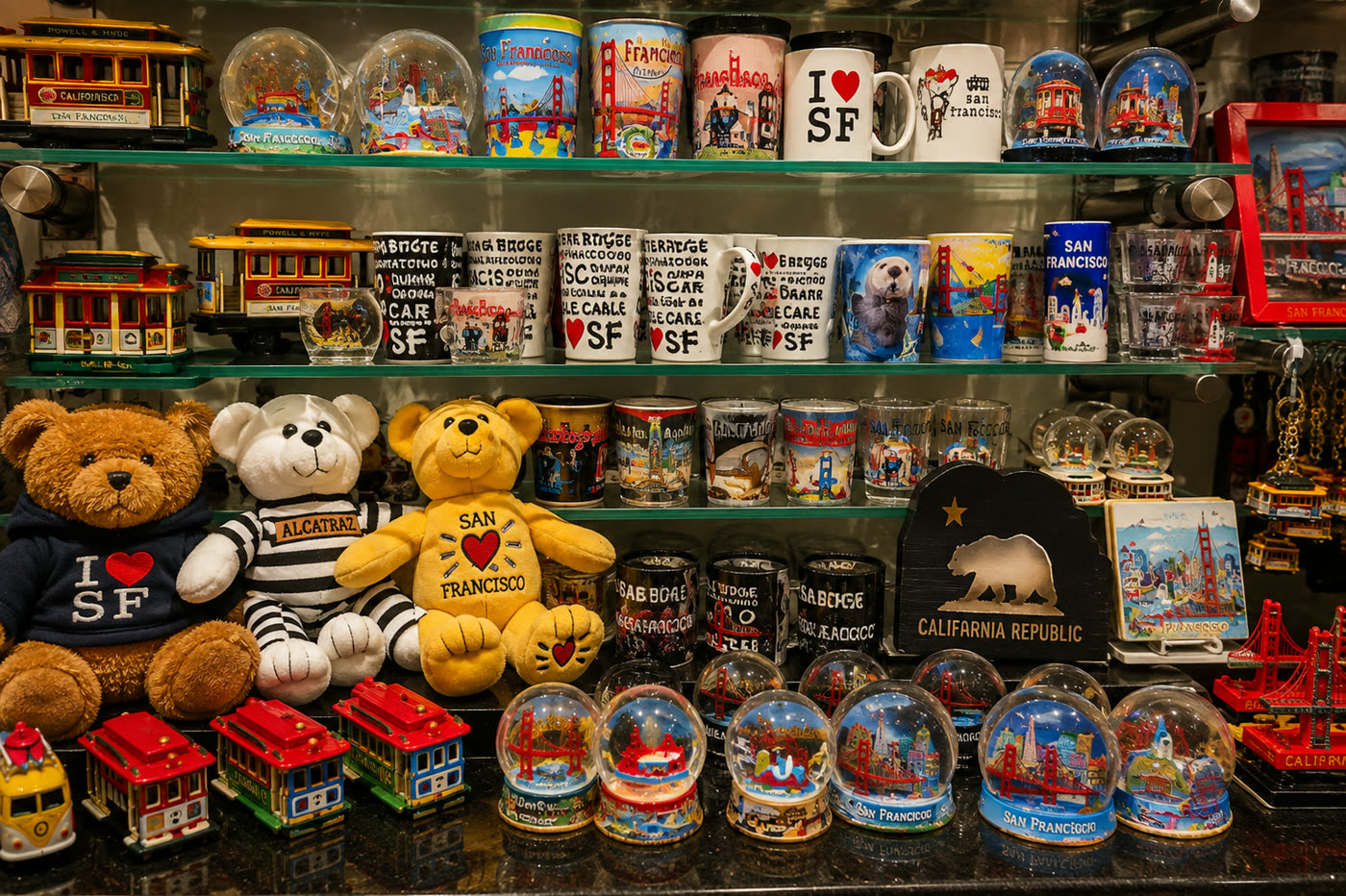 Snow globes, toy cable cars, and plush companions