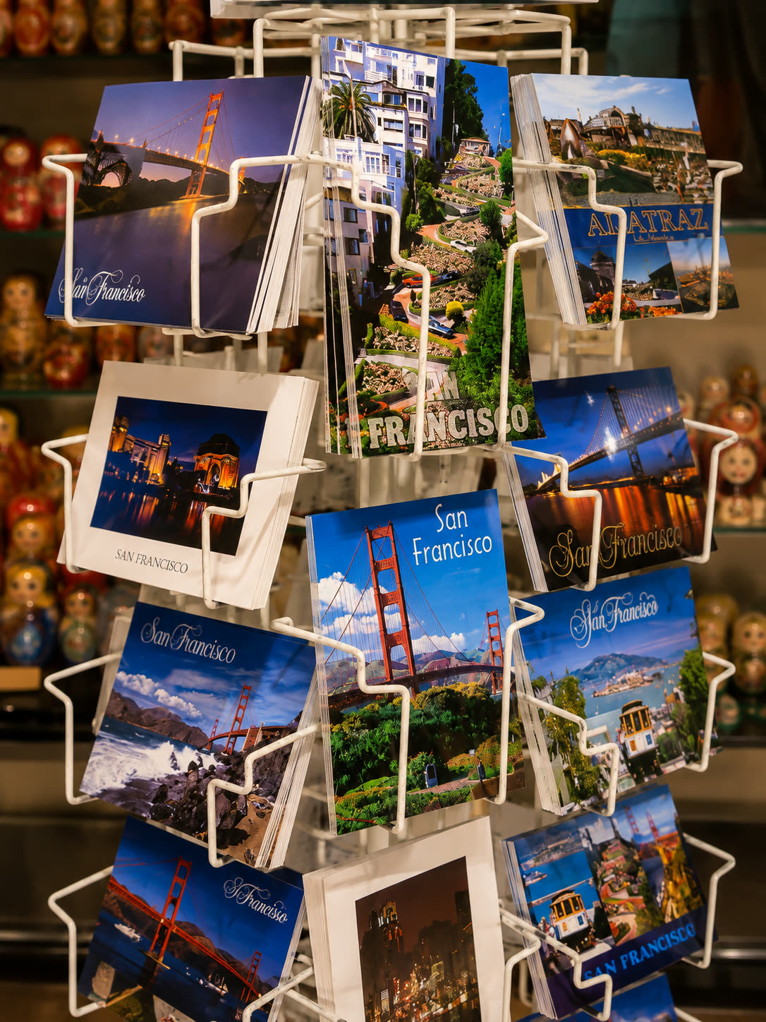 San Francisco postcards on a display rack