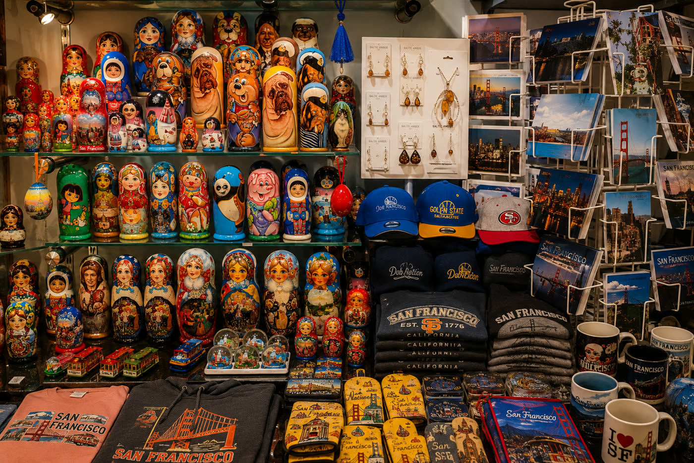 The full shop wall — matryoshka dolls, amber jewelry, postcards, and San Francisco apparel